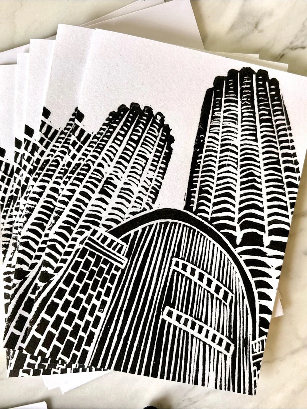 Chicago Linocut Note Cards Set of 6 | Marina City and House of Rock Print | Art